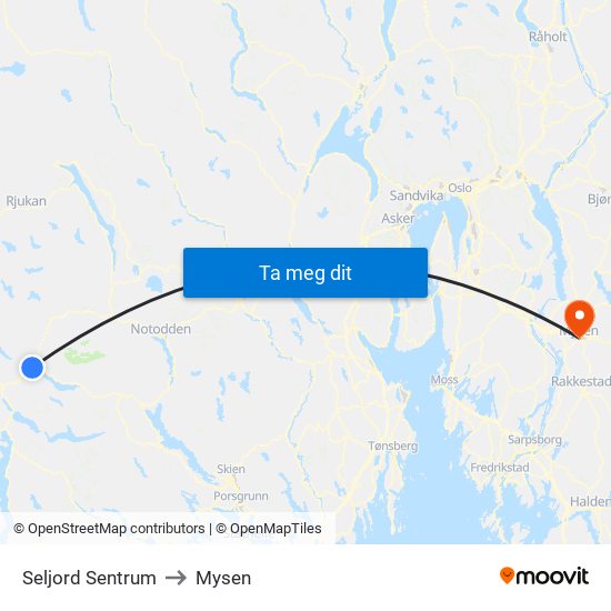 Seljord Sentrum to Mysen map