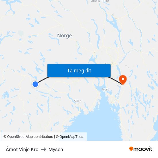 Åmot Vinje Kro to Mysen map