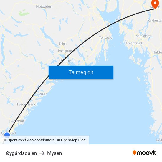 Øygårdsdalen to Mysen map