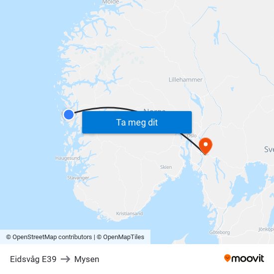 Eidsvåg E39 to Mysen map