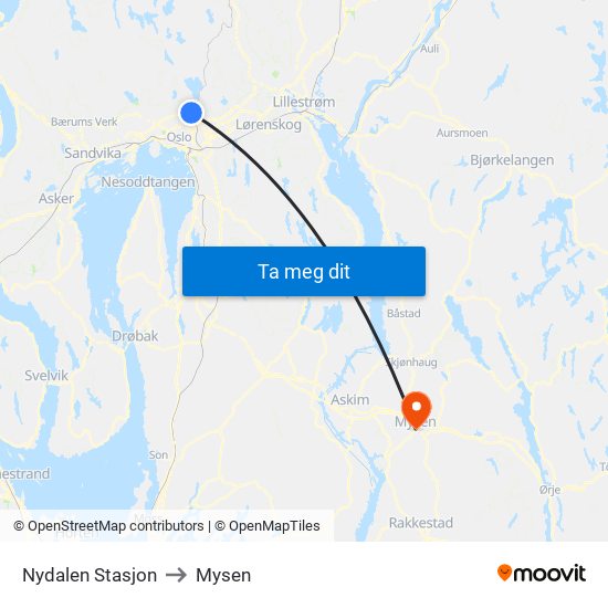Nydalen Stasjon to Mysen map