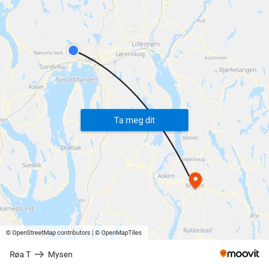 Røa T to Mysen map