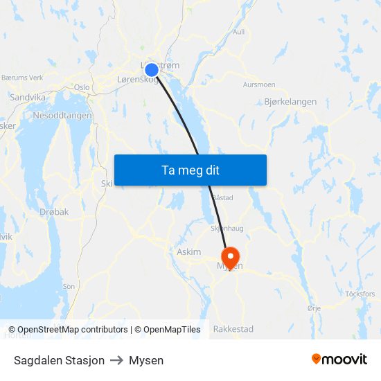 Sagdalen Stasjon to Mysen map