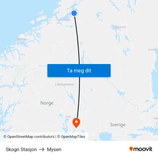 Skogn Stasjon to Mysen map