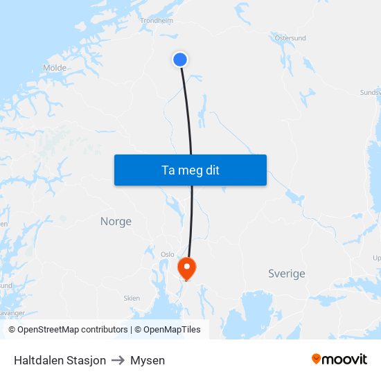 Haltdalen Stasjon to Mysen map