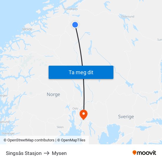 Singsås Stasjon to Mysen map