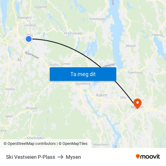 Ski Vestveien P-Plass to Mysen map