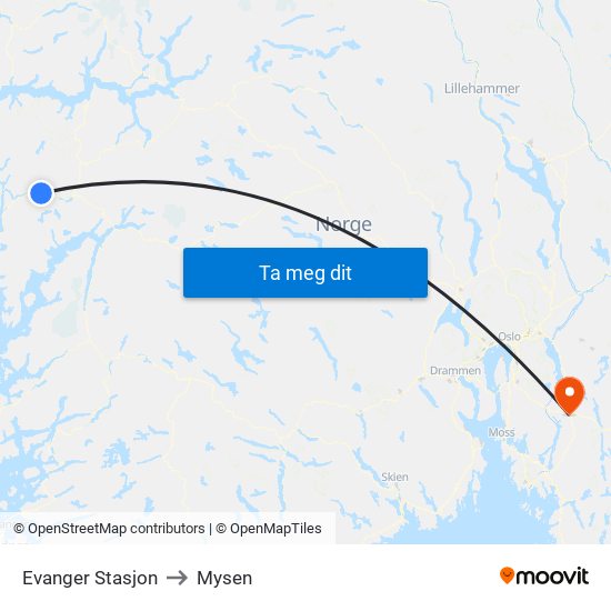 Evanger Stasjon to Mysen map