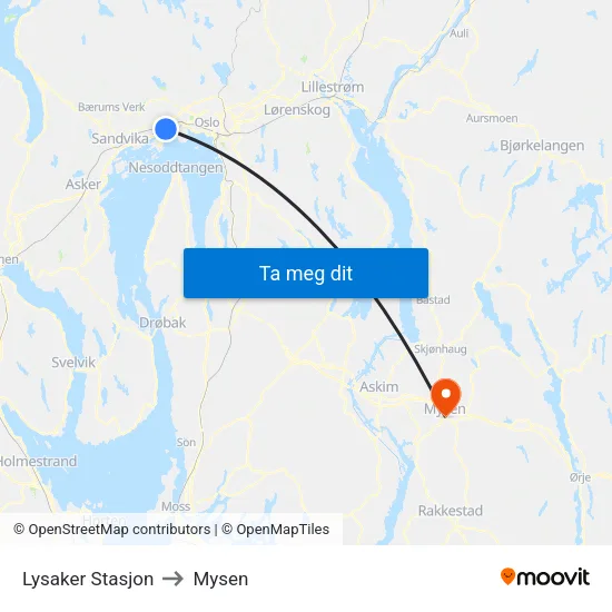 Lysaker Stasjon to Mysen map