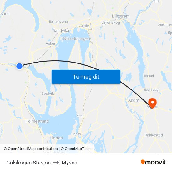 Gulskogen Stasjon to Mysen map