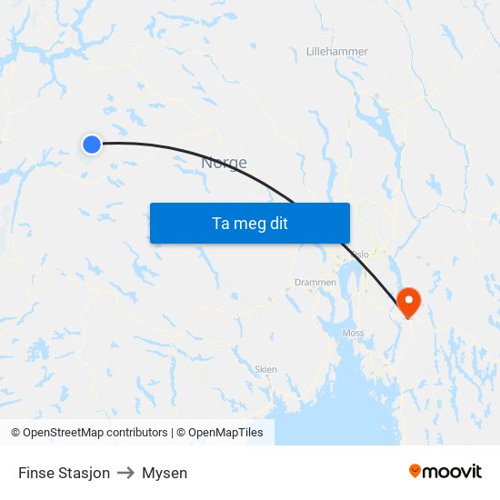 Finse Stasjon to Mysen map