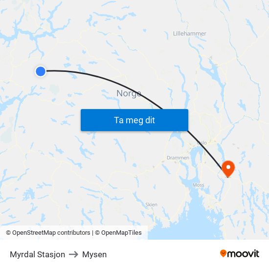 Myrdal Stasjon to Mysen map
