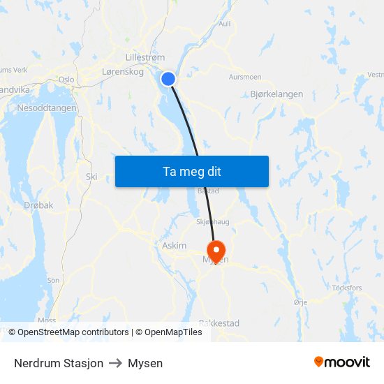Nerdrum Stasjon to Mysen map