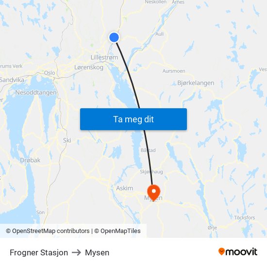 Frogner Stasjon to Mysen map