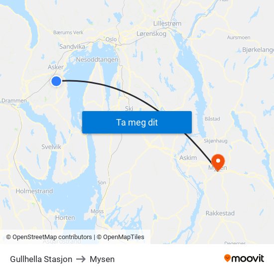 Gullhella Stasjon to Mysen map