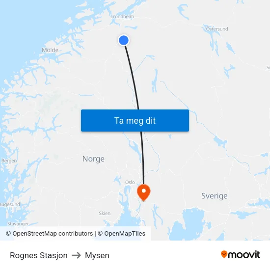 Rognes Stasjon to Mysen map