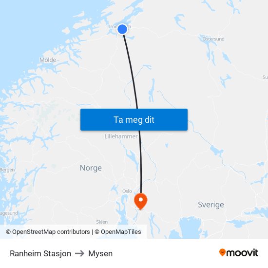 Ranheim Stasjon to Mysen map