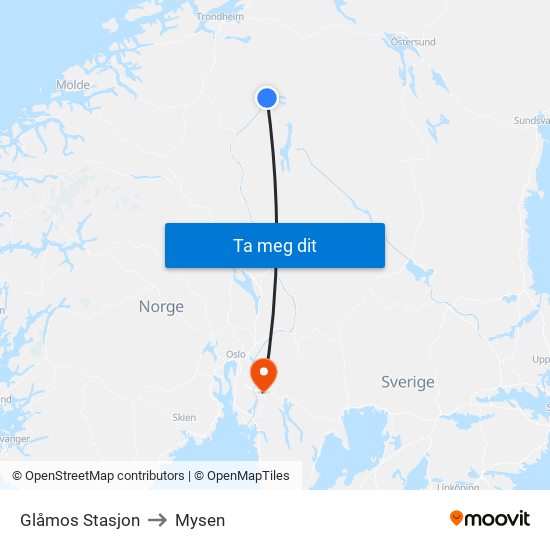 Glåmos Stasjon to Mysen map