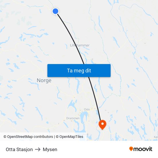 Otta Stasjon to Mysen map