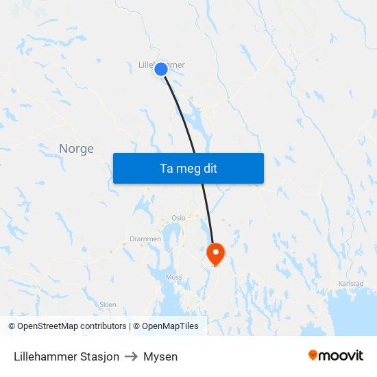 Lillehammer Stasjon to Mysen map