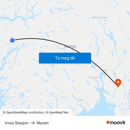 Voss Stasjon to Mysen map