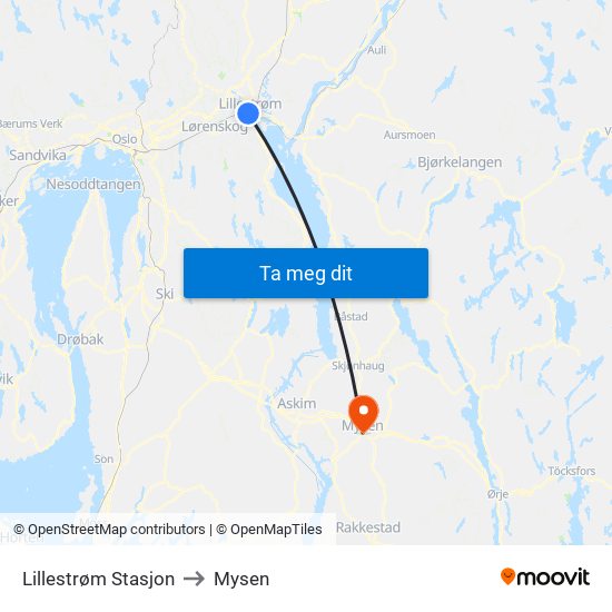 Lillestrøm Stasjon to Mysen map