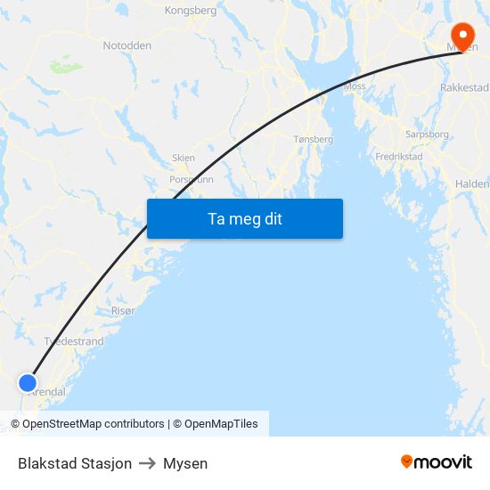 Blakstad Stasjon to Mysen map