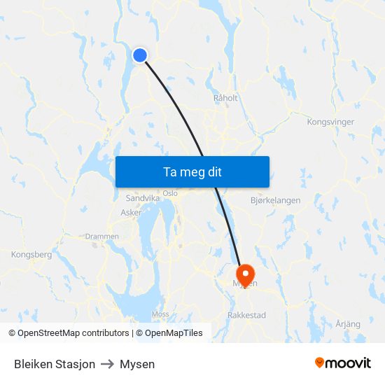 Bleiken Stasjon to Mysen map