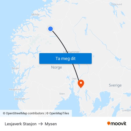 Lesjaverk Stasjon to Mysen map