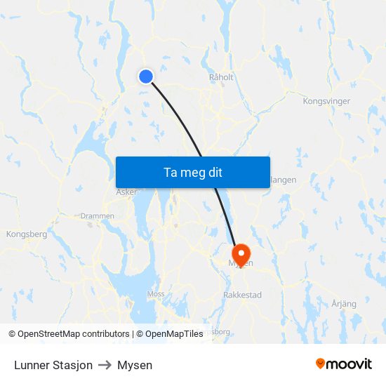 Lunner Stasjon to Mysen map