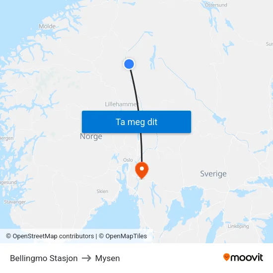 Bellingmo Stasjon to Mysen map