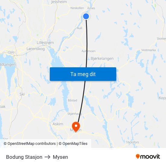 Bodung Stasjon to Mysen map