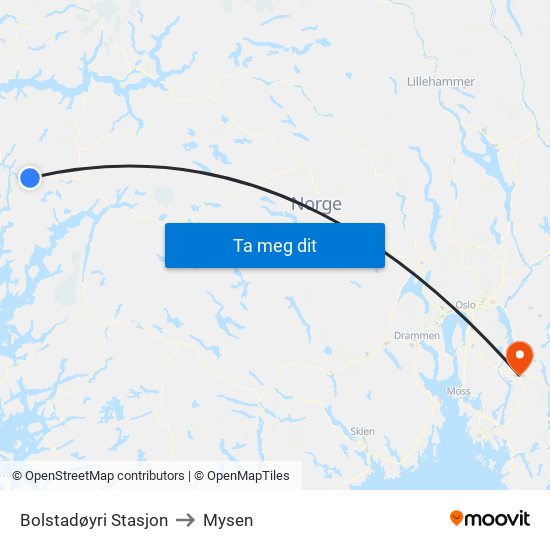 Bolstadøyri Stasjon to Mysen map