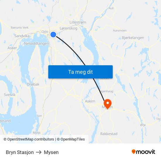 Bryn Stasjon to Mysen map