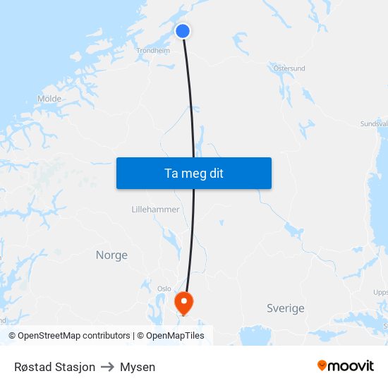 Røstad Stasjon to Mysen map