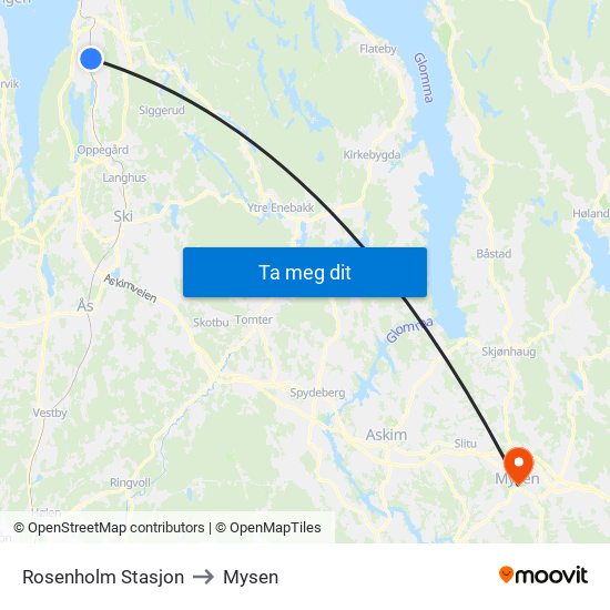 Rosenholm Stasjon to Mysen map