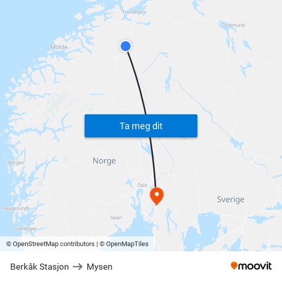 Berkåk Stasjon to Mysen map