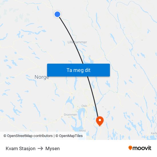 Kvam Stasjon to Mysen map