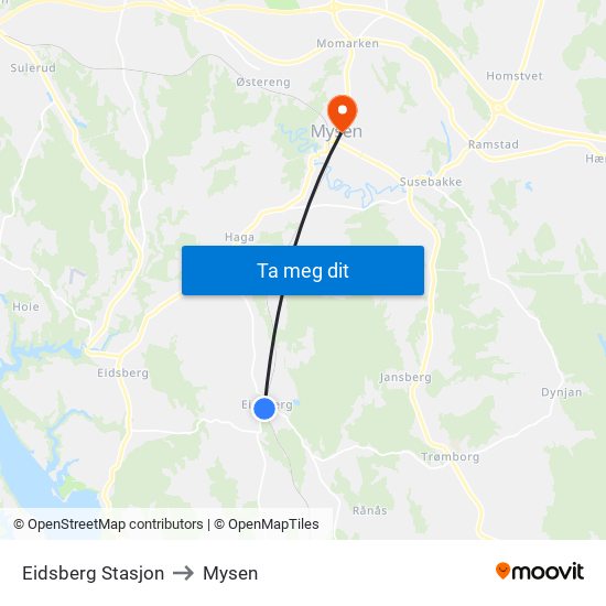 Eidsberg Stasjon to Mysen map