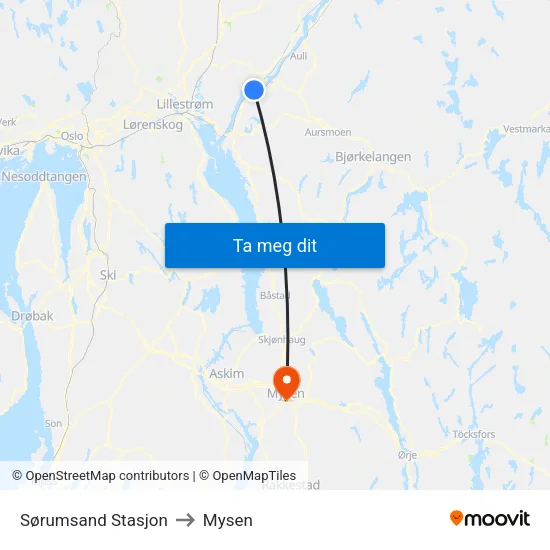 Sørumsand Stasjon to Mysen map
