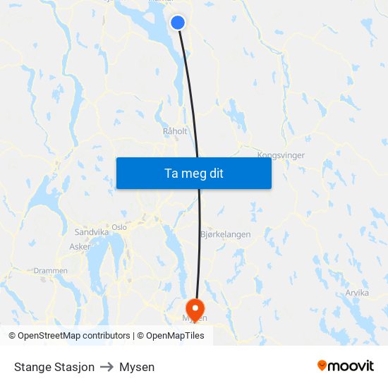 Stange Stasjon to Mysen map
