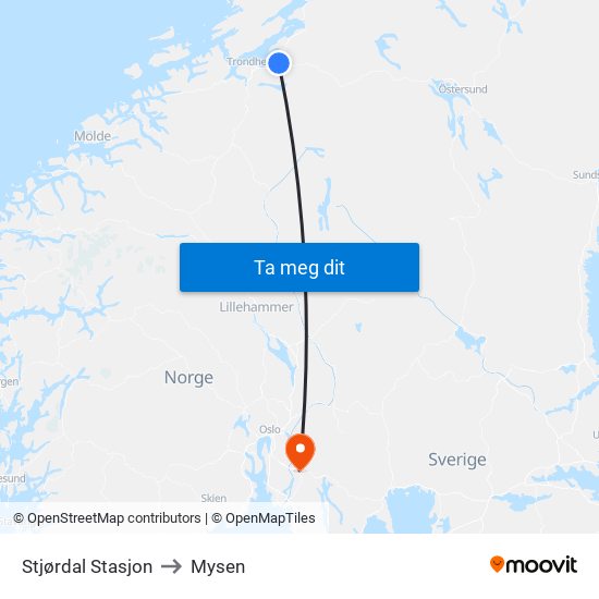 Stjørdal Stasjon to Mysen map