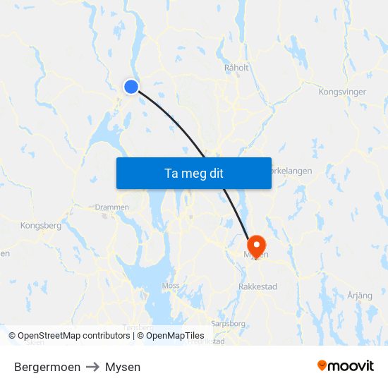 Bergermoen to Mysen map