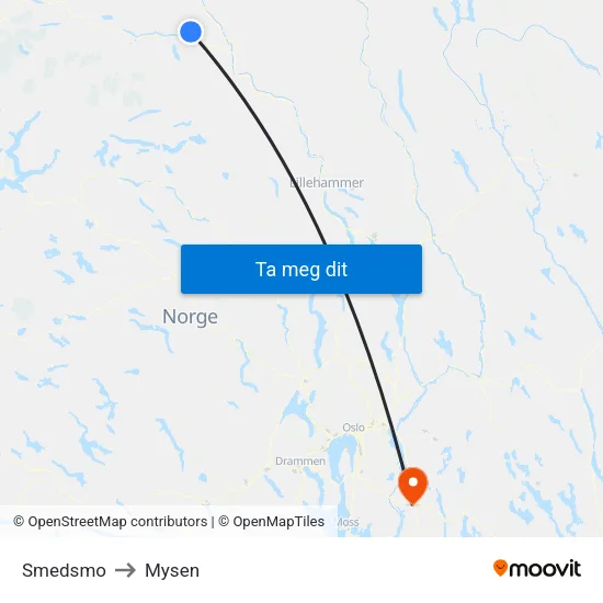 Smedsmo to Mysen map