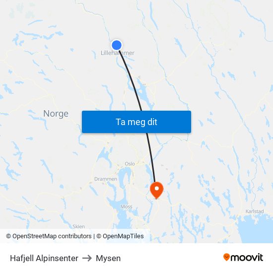 Hafjell Alpinsenter to Mysen map