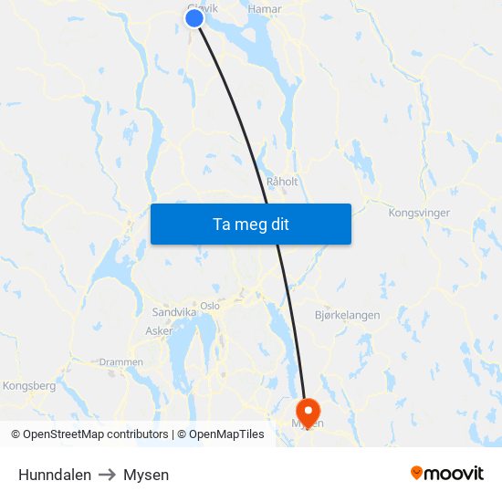 Hunndalen to Mysen map