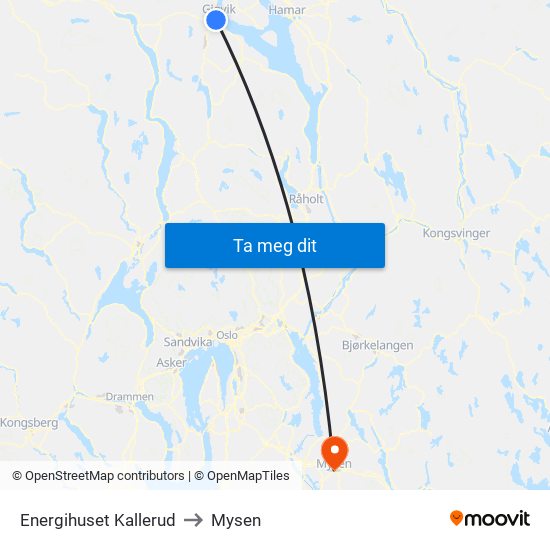 Energihuset Kallerud to Mysen map