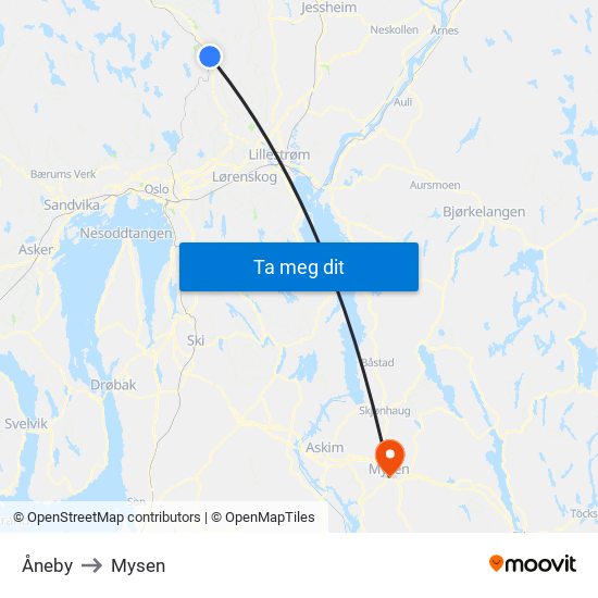 Åneby to Mysen map