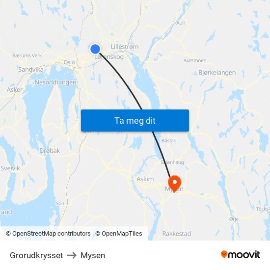 Grorudkrysset to Mysen map