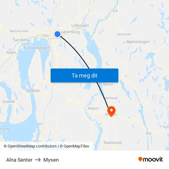 Alna Senter to Mysen map